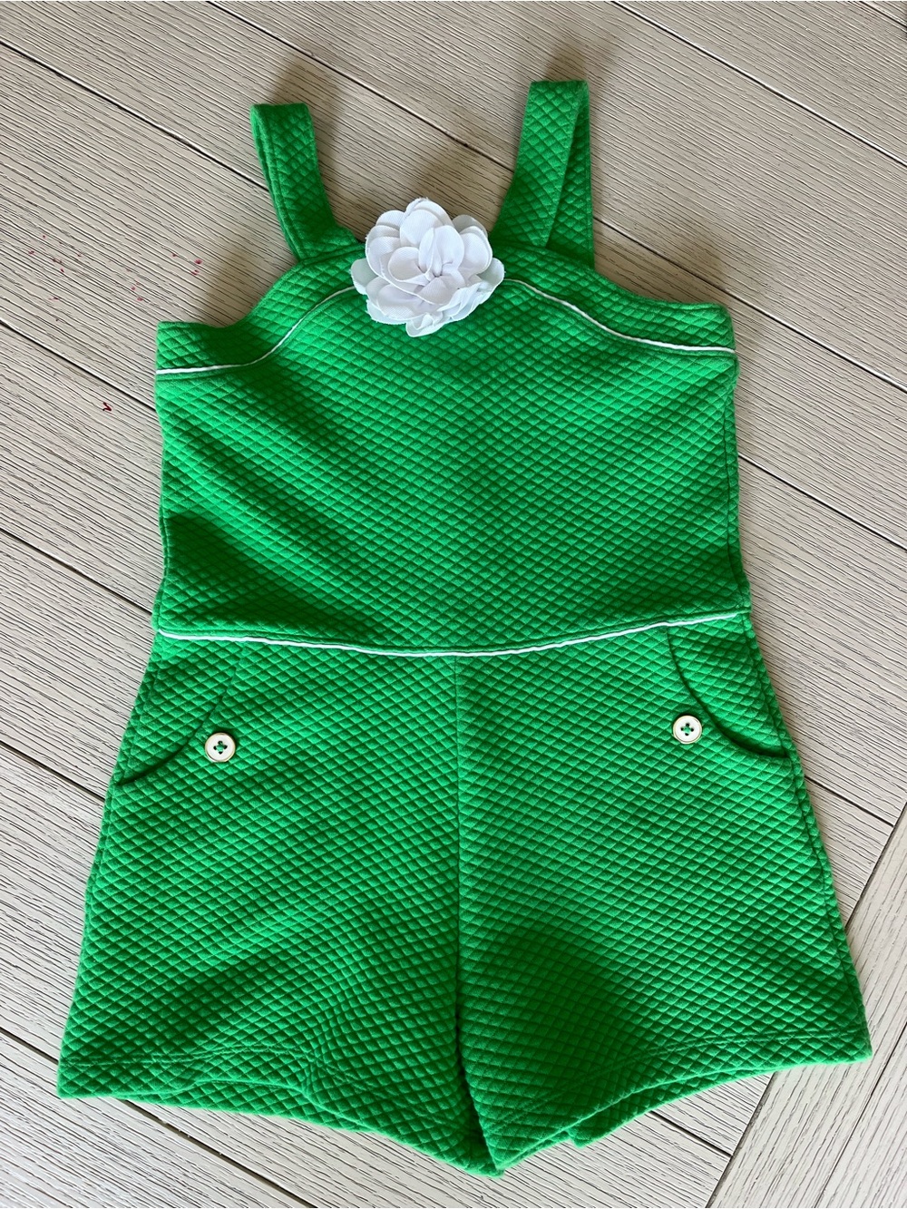 Janie and Jack Green Quilted Romper with White Flower Accent size 6
